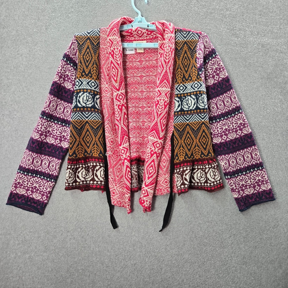 Sundance Women Sweater Red Aztec Wool Blend Gretchen Cardigan Open Front READ